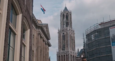 Utrechts Central Square with Dutch Flag 8K Stock Footage 340587579
