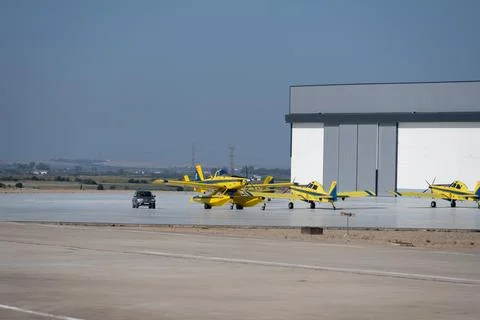 Utrera, Spain - 3 May 23: Yellow Air Tractor AT-802 agricultural aircraft o.. Stock Photos