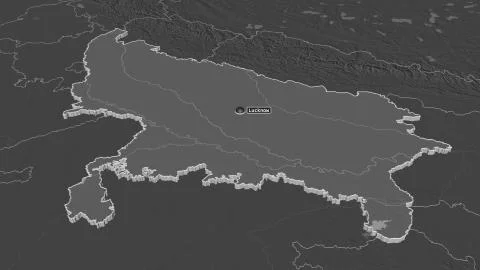 Uttar Pradesh, India. Bilevel elevation map with surface waters Stock Illustration