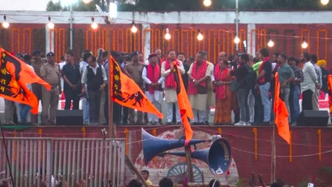 Uttarakhand CM Pushkar Singh Dhami BJP speech at Dussehra fair with saffron.. Stock Footage 318641645