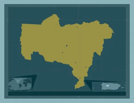 Utuado, Puerto Rico. Solid color shape. Locations of major cities of the regi 스톡 일러스트