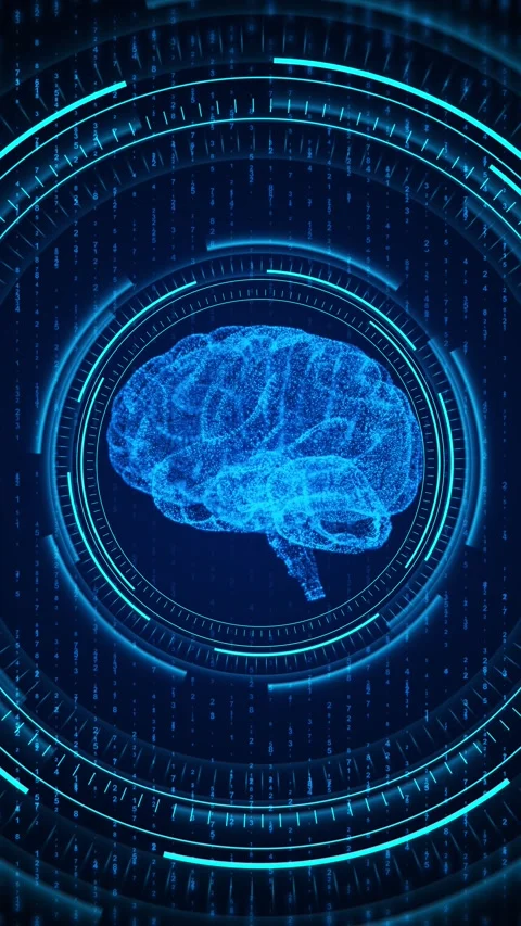 Uturistic circular HUD glowing brain scan, blue data matrix, target rings, cyber Stock Footage 340456173