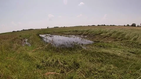 UTV Can-Am Maverick X3 rides through big puddle across field Stock Footage 159353105