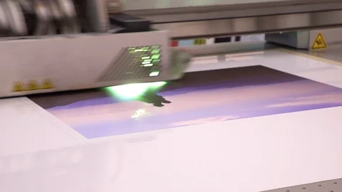 UV equipment. The printer prints the image. Services of polygraphy. Close up Stock Footage 88396603