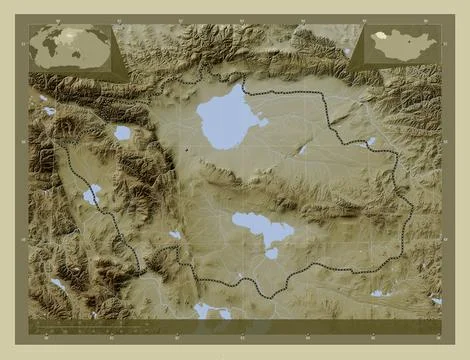 Uvs, Mongolia. Elevation map colored in wiki style with lakes and rivers Stock Illustration