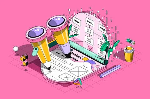 UX design concept 3d isometric outline web design. Development of usability Stock Illustration