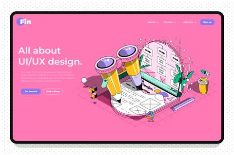 UX design concept 3d isometric outline landing page. Development of usability Stock Illustration