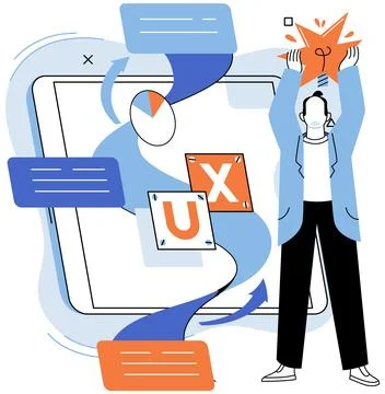 UX design metaphor. Designing software, task of building compelling user Illustrazione stock