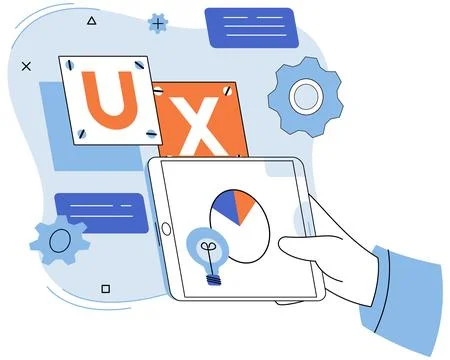 UX design metaphor. User experience design, blueprint for creating software that Stock Illustration