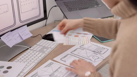 UX design, mobile app and woman hands planning user screen for software Stock Footage 236946240