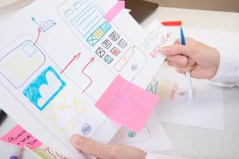 Ux designer analyzing usability app for mobile phone. Stock Photos
