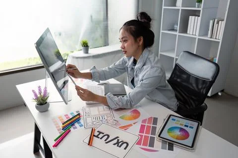 UX designer. Work on creative applications. Man with a palette in his hands Stock Photos