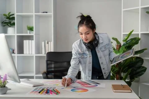 UX designer. Work on creative applications. Man with a palette in his hands Stock Photos