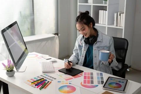 UX designer. Work on creative applications. Man with a palette in his hands Stock Photos