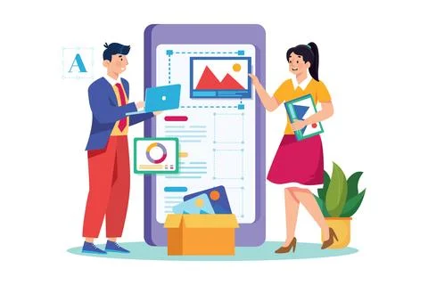 UX developer and UI designer brainstorming about mobile app. Stock Illustration