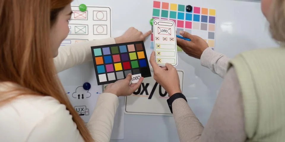 Ux developer and ui designer presenting mobile app interface design on Stock Photos