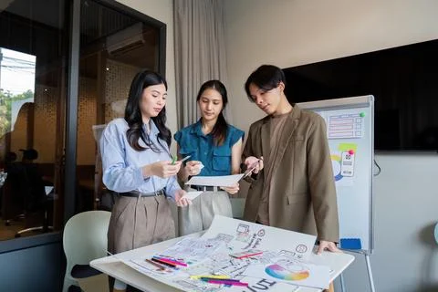 Ux developer and ui designer presenting mobile app interface design on Stock Photos