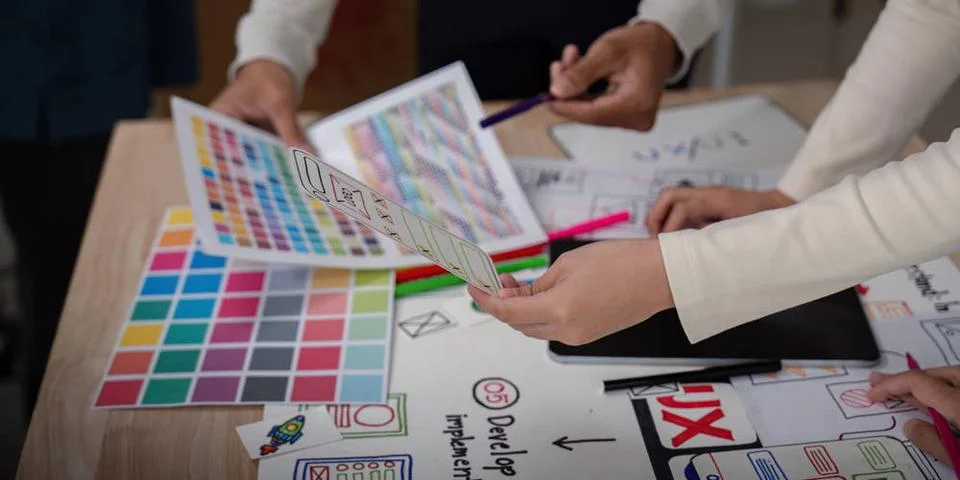 UX Developer and UI Designer Brainstorming Session with Color Palettes and... 스톡 사진