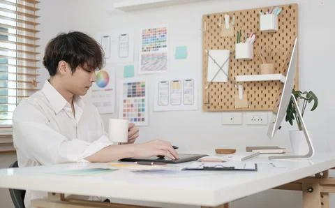 Ux developer working on mobile app interface wireframe design at creative o.. Stock Photos