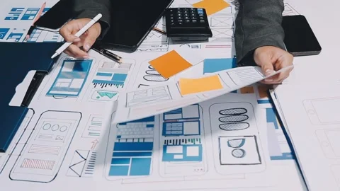 Ux developers and ui designers, data researchers brainstorm on tabletop mob.. Stock Footage 285014784