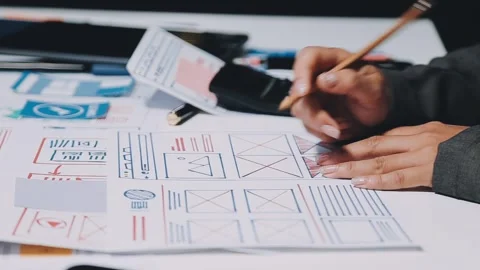 Ux developers and ui designers, data researchers brainstorm on tabletop mob.. Stock Footage 285014843