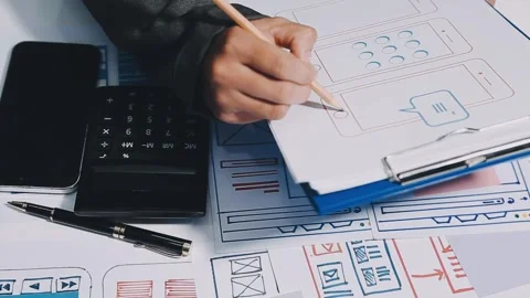 Ux developers and ui designers, data researchers brainstorm on tabletop mob.. Stock Footage 285014858