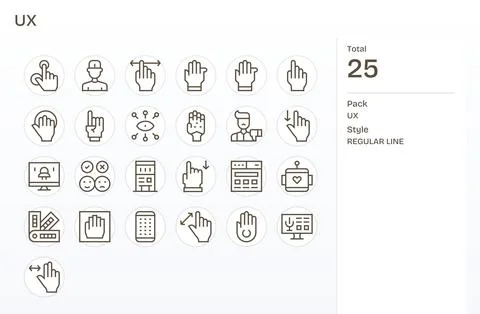 Ux Essential Vector Set including 25 Pixel Aligned Regular Line 256x256 Icons Stock Illustration