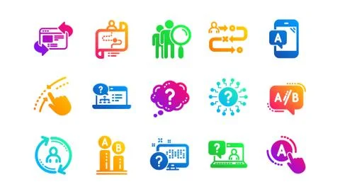 UX icons. AB testing, Journey path map and Question mark. Classic icon set Illustrazione stock