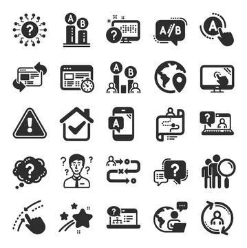 UX icons. Set of AB testing, Journey path map and Question mark icons. Vector 스톡 일러스트