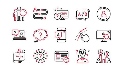 UX line icons. AB testing, Journey path map and Question mark. Linear icon set Illustrazione stock