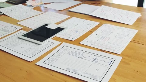 UX or UI designer designing application on tablet with mockup layout. Stock Footage 232410907