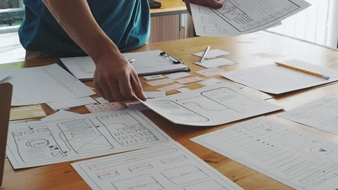 UX or UI designers preparing mockup layout prototype before meeting. Stock Footage 149474089