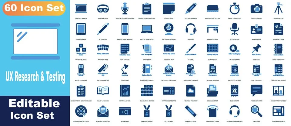 Ux research and usability testing icon set, 60 blue icons for user experien.. Illustrazione stock