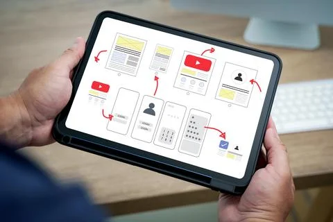 UX UI design process concept with close-up view of a designer holding a tab.. 库存照片