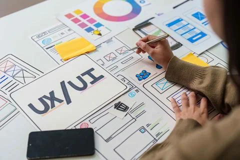 UX UI Design Process. Creative brainstorming session with wireframes and color Stock Photos