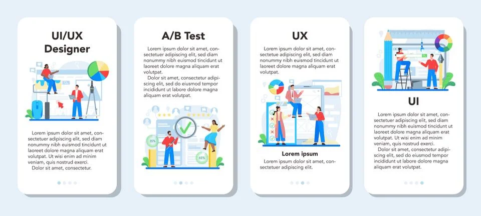 UX UI designer mobile application banner set. App interface improvement Stock Illustration