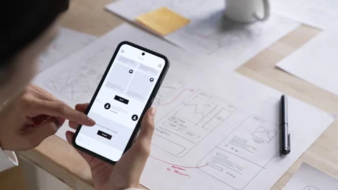 UX UI designer testing prototype on a phone, discussing and brainstorming Video stock 291552843