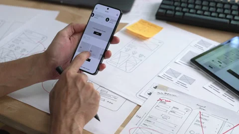 UX UI designer testing prototype on a phone Vídeo Stock 337915289