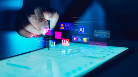 UX UI Designer using stylus pen on digital tablet for mobile app interface .. Stock Photos