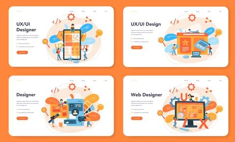 UX UI designer web banner or landing page set. App interface improvement Illustrazione stock