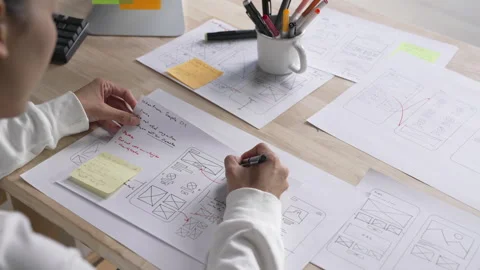 UX UI designer working on wireframes for a website and mobile app prototype Stock Footage 291552737