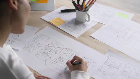 UX UI designer working on wireframes for a website and mobile app prototype Stock Footage 291552920