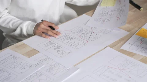 UX UI designer working on wireframes for a website and mobile app prototype Stock Footage 291553627