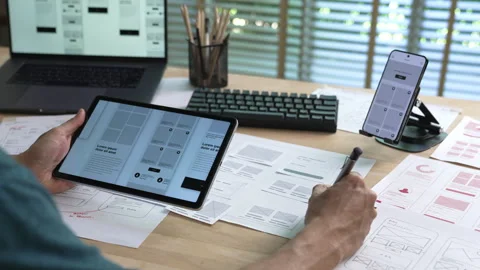 UX UI designer working on wireframes for a website and mobile app prototype Stock Footage 337915300