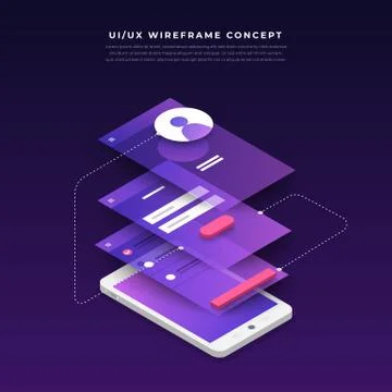 UX UI Flowchart. Mock-ups  mobile application concept isometric flat design. Stock Illustration