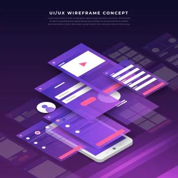 UX UI Flowchart. Mock-ups  mobile application concept isometric flat design. Stock Illustration