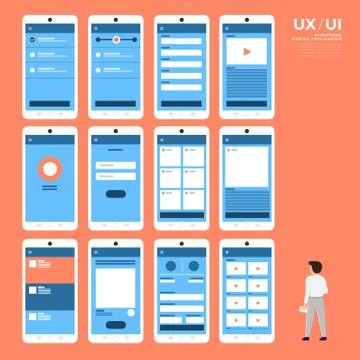 UX UI Flowchart. Mock-ups  mobile application concept flat design. Vector ill Stock Illustration