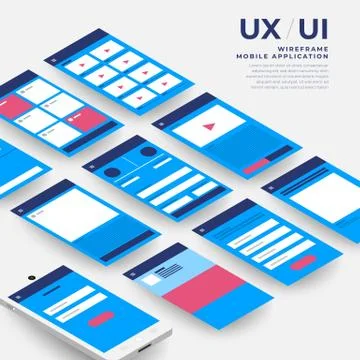 UX UI Flowchart. Mock-ups  mobile application concept isometric flat design. Stock Illustration