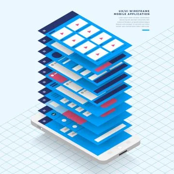 UX UI Flowchart. Mock-ups  mobile application concept isometric flat design. Stock Illustration