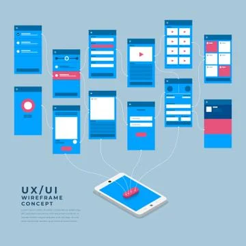 UX UI Flowchart. Mock-ups  mobile application concept isometric flat design. Stock Illustration